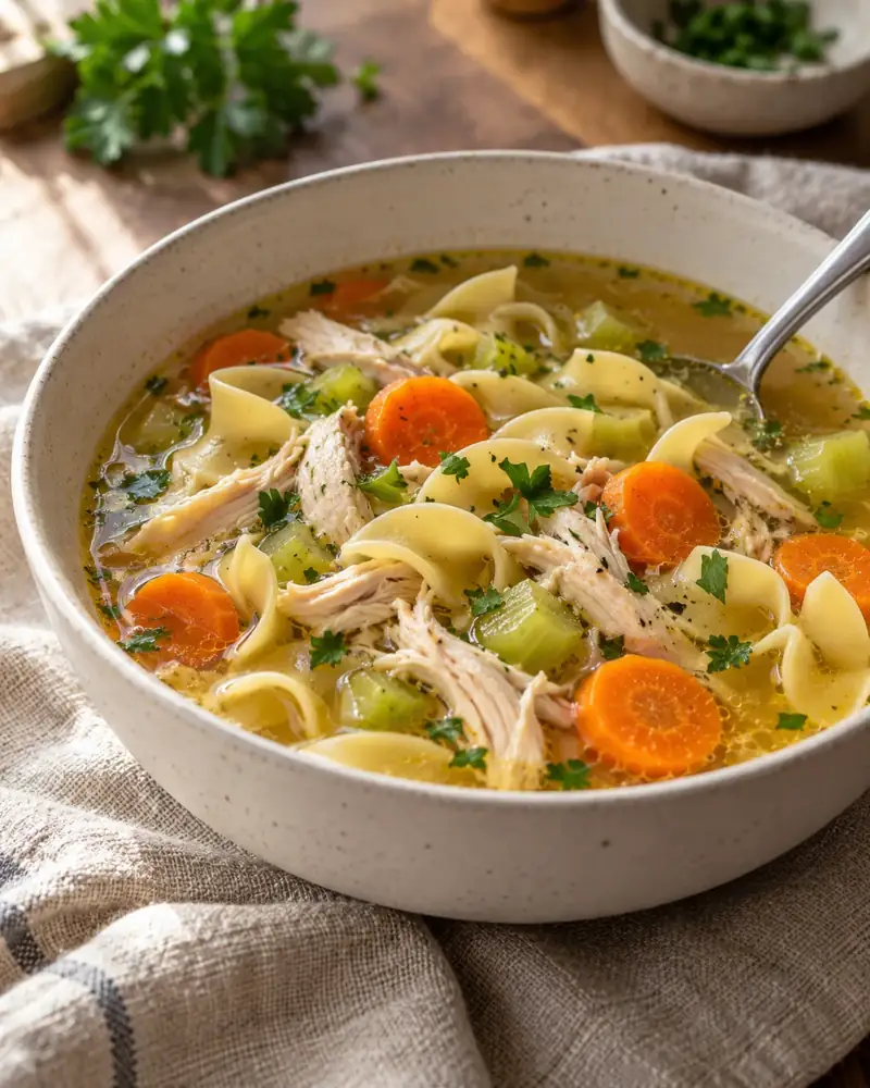 Chicken Noodle Soup: Poached thighs, a clear golden broth and noodles cooked on the side