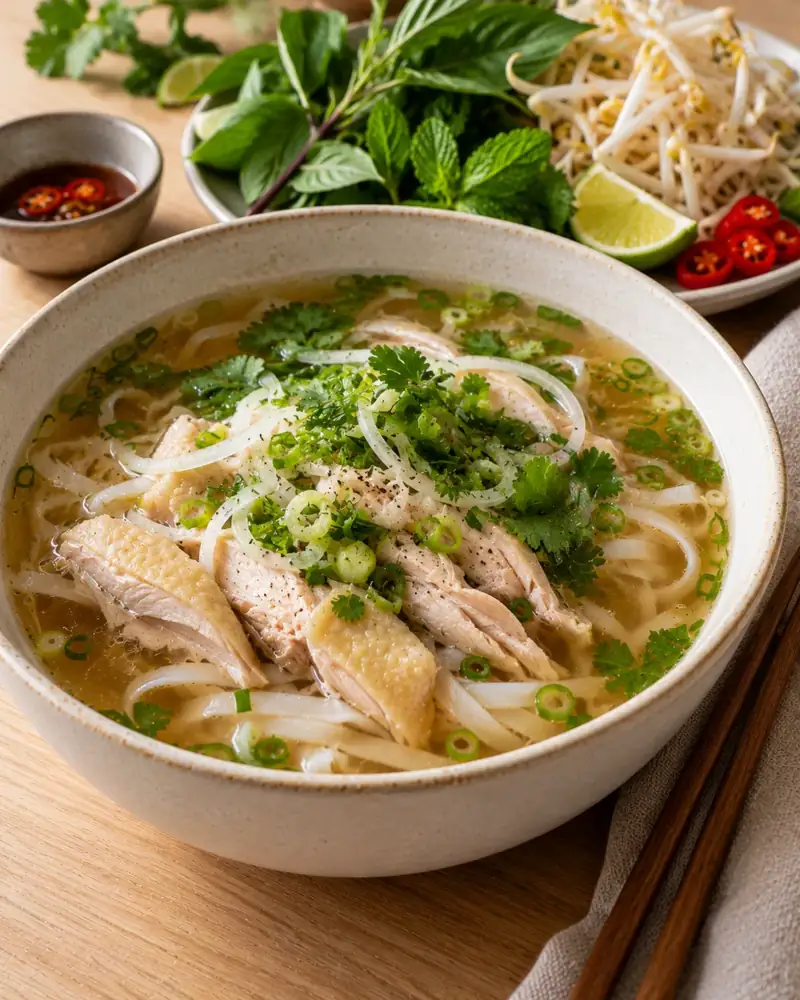 Chicken Pho (Phở Gà): A clear, spiced chicken broth with charred aromatics and rice noodles