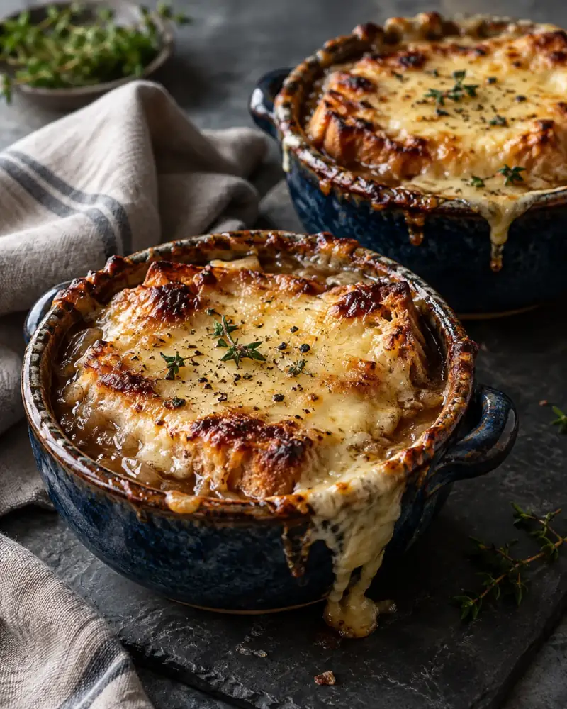French Onion Soup: An hour of patient onions, a dark broth and a bubbling cheese lid