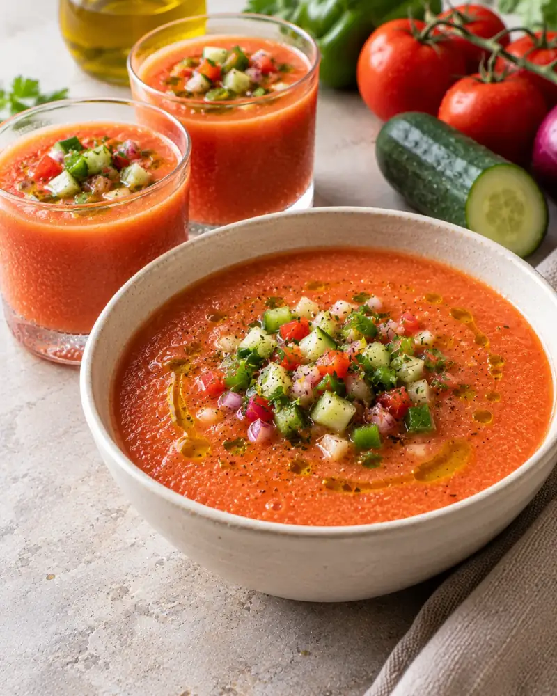 Gazpacho: Andalusia's chilled tomato soup, emulsified with olive oil and bread