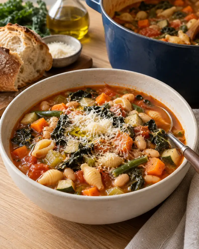 Minestrone: A thick vegetable soup with beans, pasta and a Parmesan rind for depth
