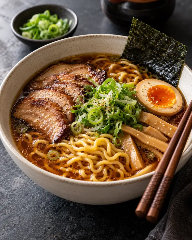 Shoyu Ramen: A clear chicken-and-dashi broth, soy tare, and every topping made ahead