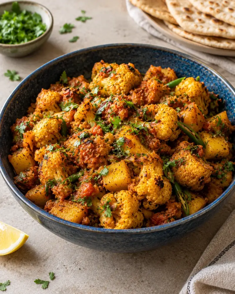 Aloo Gobi: North Indian spiced potatoes and cauliflower, browned and dry