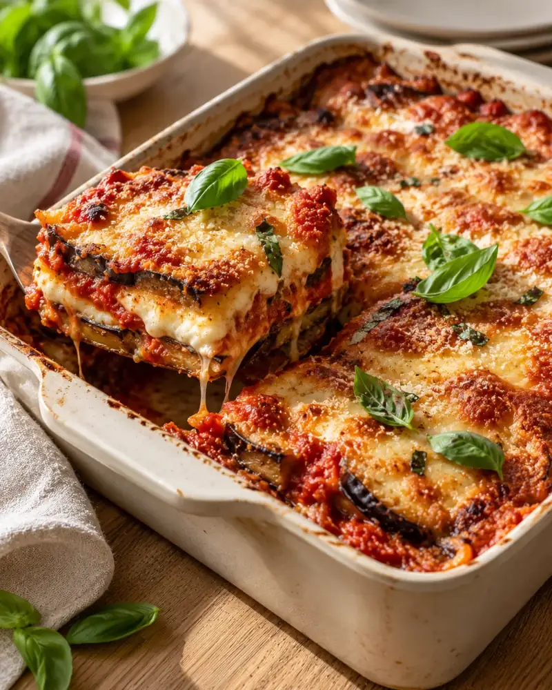 Eggplant Parmigiana: Layers of golden eggplant, tomato sauce, mozzarella and Parmesan