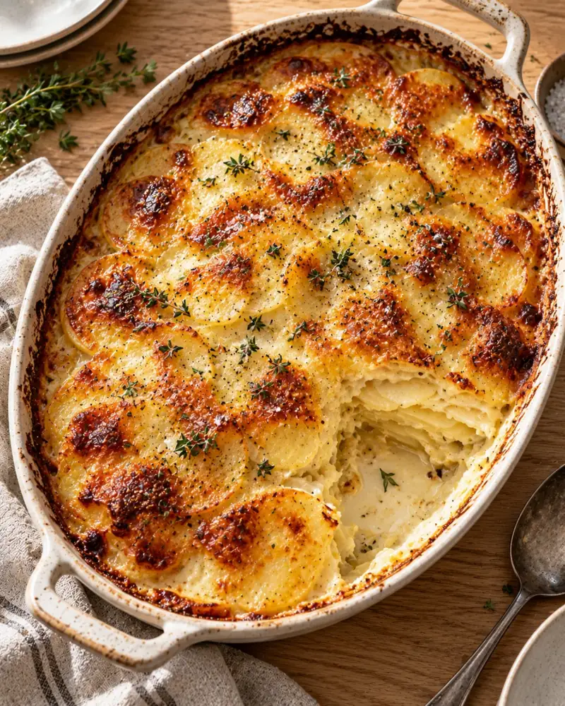 Gratin Dauphinois: Thin potatoes baked slowly in garlic-infused cream until tender and golden
