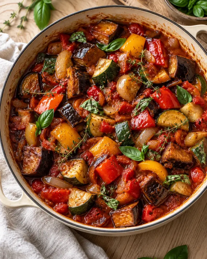 Ratatouille: Provençal summer vegetables cooked separately, then simmered together