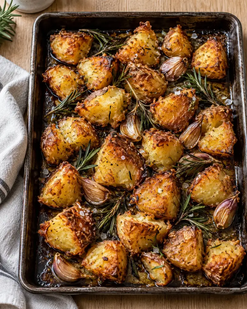 Roast Potatoes: Glass-crisp outside, fluffy inside — parboiled, roughed up and roasted hot