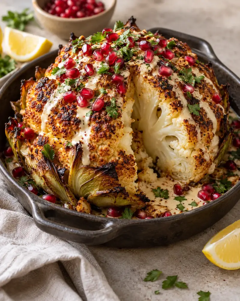 Whole Roasted Cauliflower: Spiced, buttery and browned, with tahini and herbs